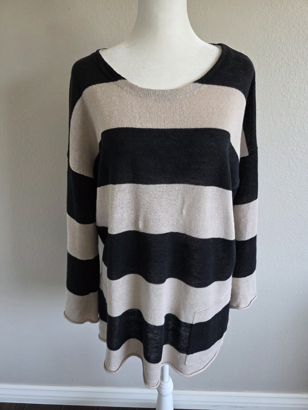 Eileen Fisher Organic Linen Top Sweater Lightweight Black Tan Oversized Size M